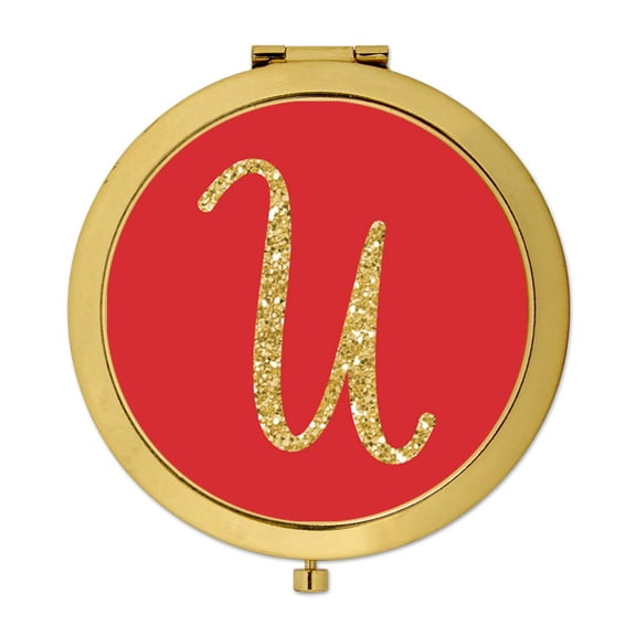Koyal Wholesale Gold Compact Mirror Bridesmaid's Wedding Gift, Red with Faux Gold Glitter, Monogram Letter U, 1-Pack