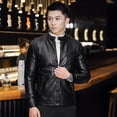 thumbnail image 2 of Chaqueta de cuero para hombre, chaqueta de cuero sintético para motocicleta, de negocios, de invierno, con cuello alto, informal, cortavientos, abrigo ajustado, 2 of 5