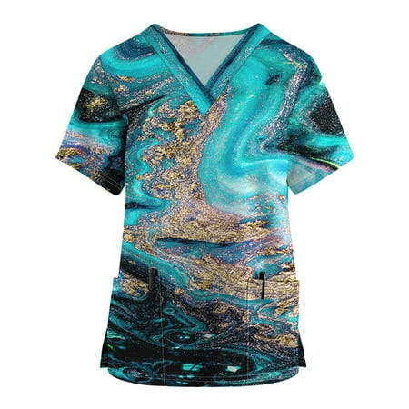 

Sksloeg Women s Scrub Tops Workwear V Neck Short Sleeve Tie-dye Printed Nursing Uniform Pattern Scrubs Shirts with Pockets Cyan XXXXL