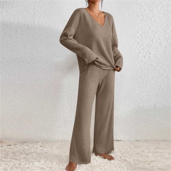 Tauxra Womens Fashion Tops,Womens Pants Casual,Long Sleeve Knit Set for Women, Solid Color V Neck Casual Pants,Womens Long Sleeve Tops