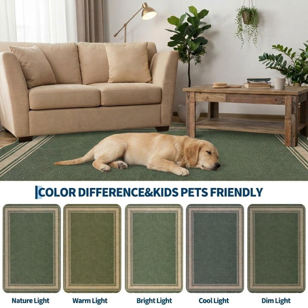 HIWEAVER Sage Green 10' x 13' Scalloped-edge Easy Jute Area Rug for Living Room Modern Bordered Indoor Outdoor Neutral Carpet for Patios Non Slip Washable Throw Mat for Home Decor