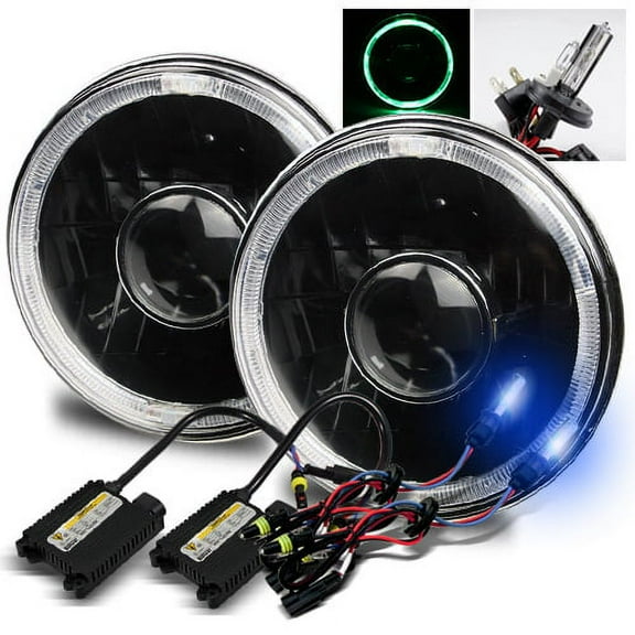Modifystreet 10000K H4-2 HID   Green LED Halo H6014/H6015/H6017/H6052/H6024 7" Round Semi-Sealed Beam Projector Headlights Conversion Kit - Black Housing