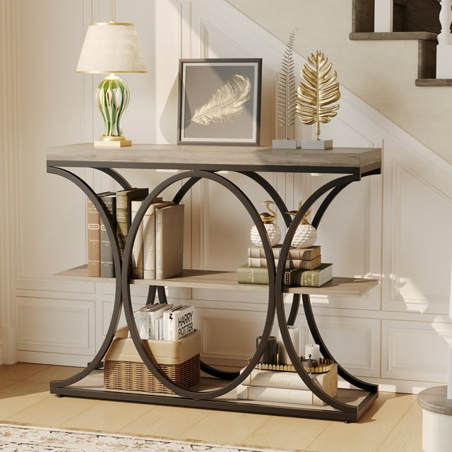 Table Console de Rangement Industriel à 3 Niveaux - Format Étroit de 39 Pouces, Base Ronde en Métal, Utilisation Multi-Scènes pour Entrée/salon