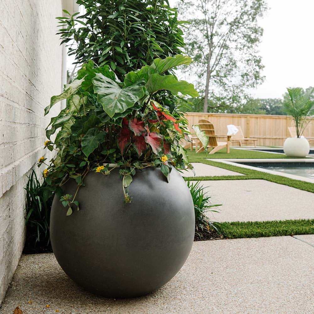 Ash & Ember Onyx 24" D Ceramic Indoor Outdoor Round Sphere Planter, Charcoal, Home Décor Evergreen Weather Resistant Modern Planter Pot