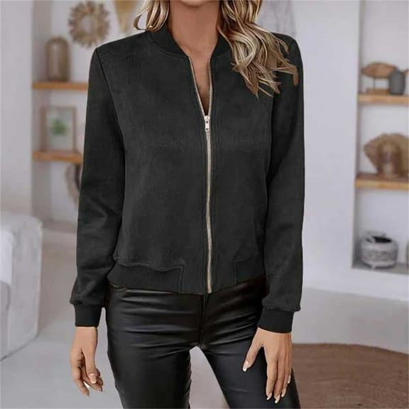 Baberdicy Women's Casual Outerwear Jacket, Classic Long Sleeve Coat for Daily Use , Solid Casual Jacket, Everyday Zip Coat, Fall Daily Outerwear Black L