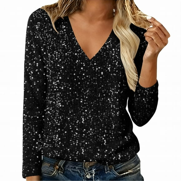 WTXUE Women's Trendy Casual V Neck Real Sequin Tops Long Sleeve T Shirt Fashion Plus Size Tops Fall Shirts Glitter Pullover Sparkly Party Blouse Loose Tunic Tops Black Xl
