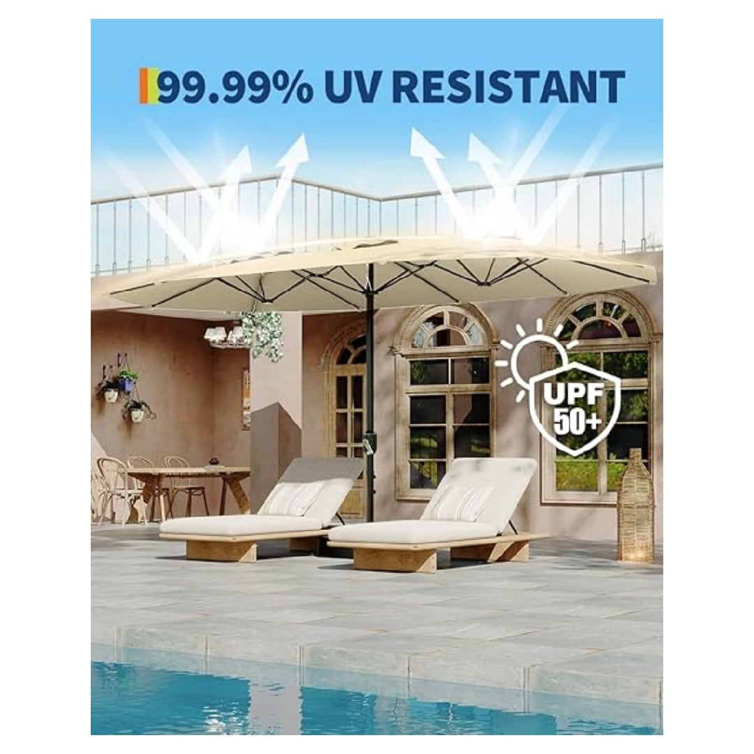 Heavy Duty 15FT Patio Umbrella with Weighted Base - Double-Sided Sun Shade for Outdoor Dining, Poolside, Backyard (Crank Handle, UV Blocking Fits 2-8 People)