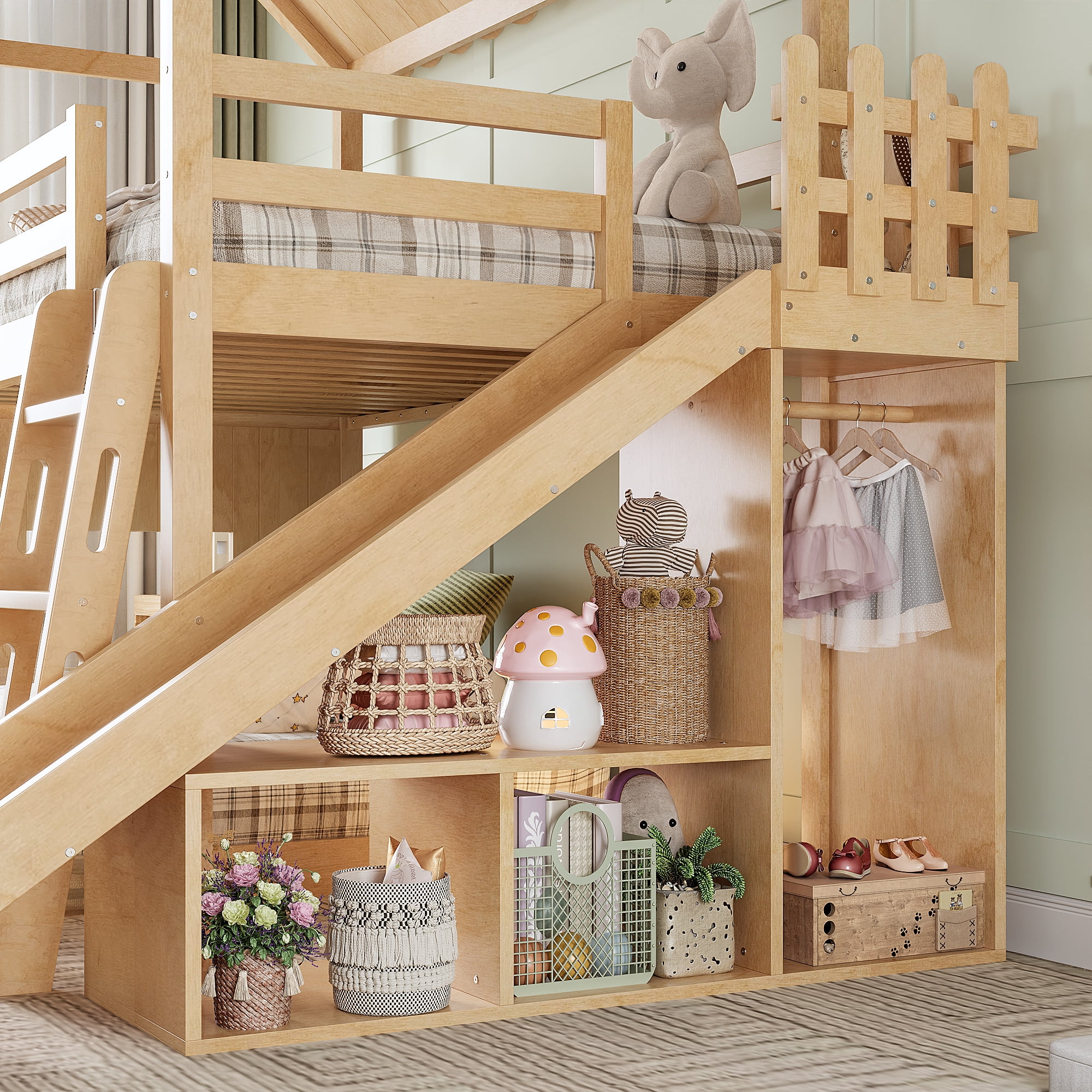 Twin over Full House Bunk Bed with Slide & Ladder, Wood Playhouse Bunk Bed with Storage Shelves & Wardrobe, Floor Bunk Bed for All Ages, Natural