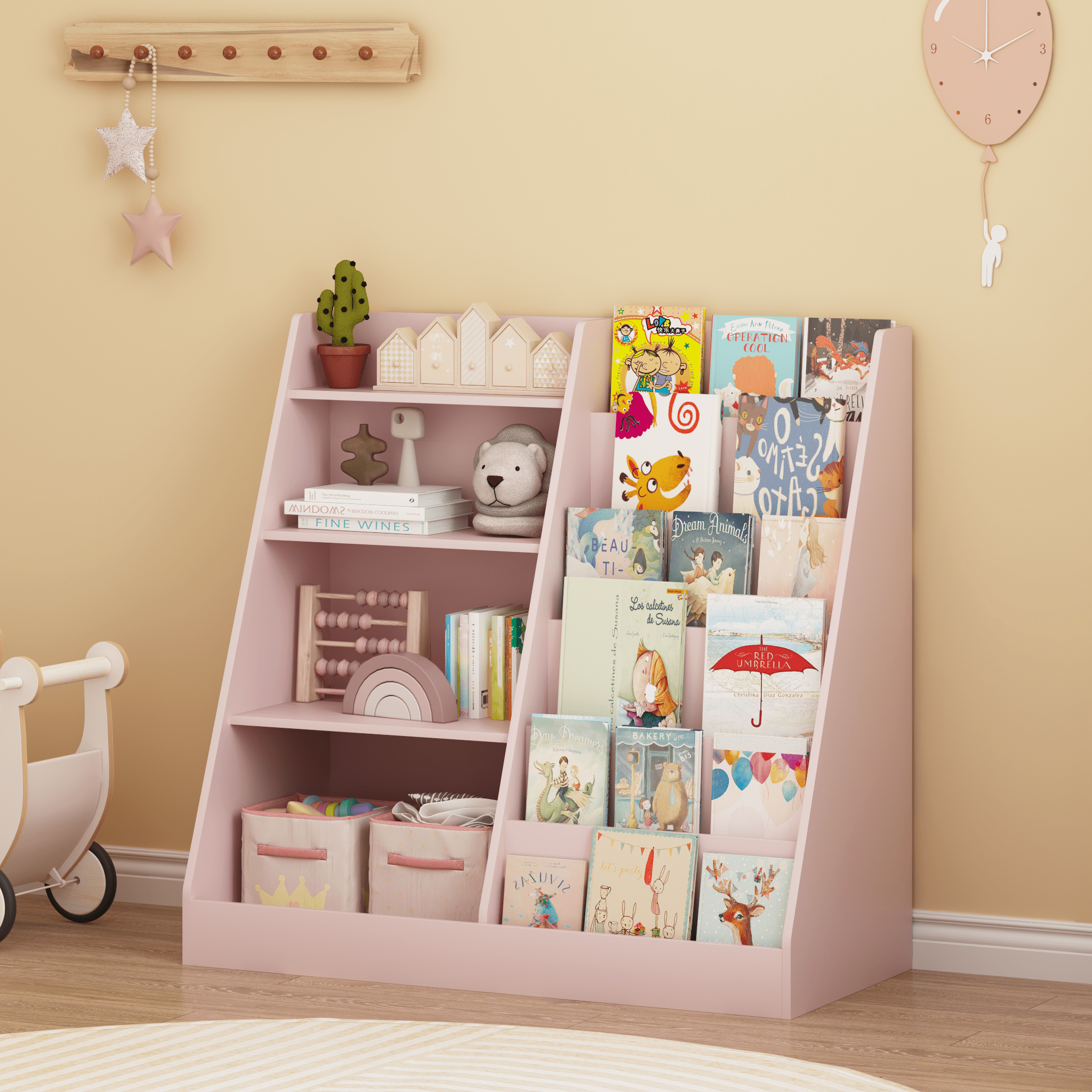 New Kids Bookshelf and Toy Storage Organizer, Multifunctional 4 Tier Wooden Kids Book Shelf with Bookcase Display Stand in Kids Room Playroom Nursery for Kids, Children, Toddlers (Pink)