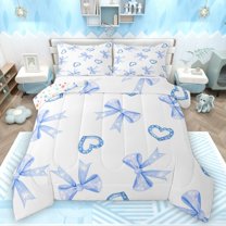 Castle Fairy Kawaii Blue Bow Knot Girl Boy Full Size Comforter Sets 3-Piece,Love Heart Print Bedding Comforter Set,Dreamy Princess Lightweight Bedding Sets,Luxury Bedroom Decor,Reversible
