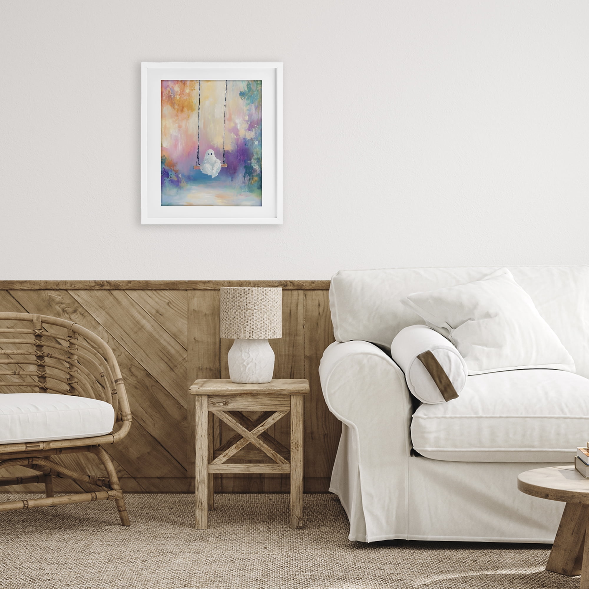 Stupell Industries Watercolor Ghost on Swing White Framed Print Under Glass, design by The Prints Vibe