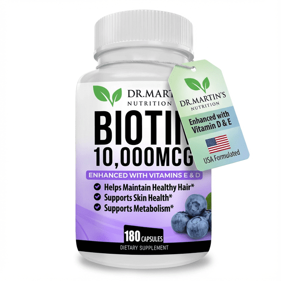 10,000 mcg Biotin Supplement Enhanced with Vitamin D & E | 180 Count | Hair Growth Vitamins Supplement | Supports Healthy Skin & Strong Nails | Energy Support | Vitamin B7, D & E | For Men & Women