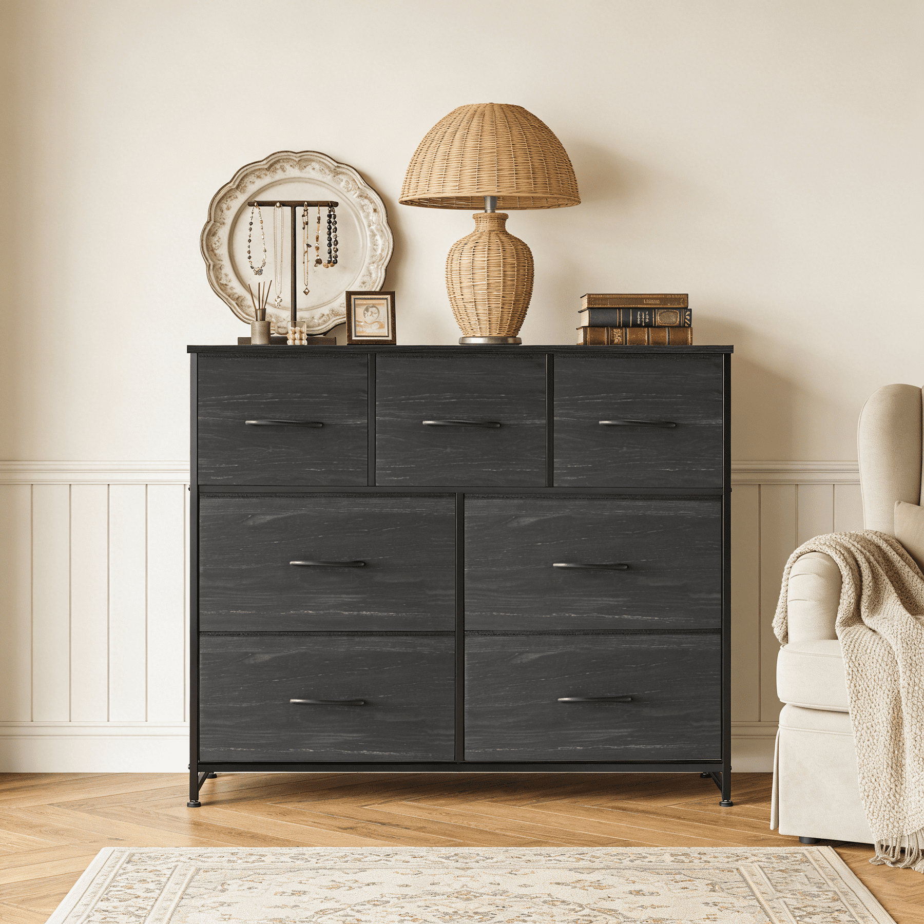 Aidoly 7-Drawer Wide Fabric Storage Dresser with Wooden Top - Space-Saving Bedroom & Closet Organizer, Charcoal Black