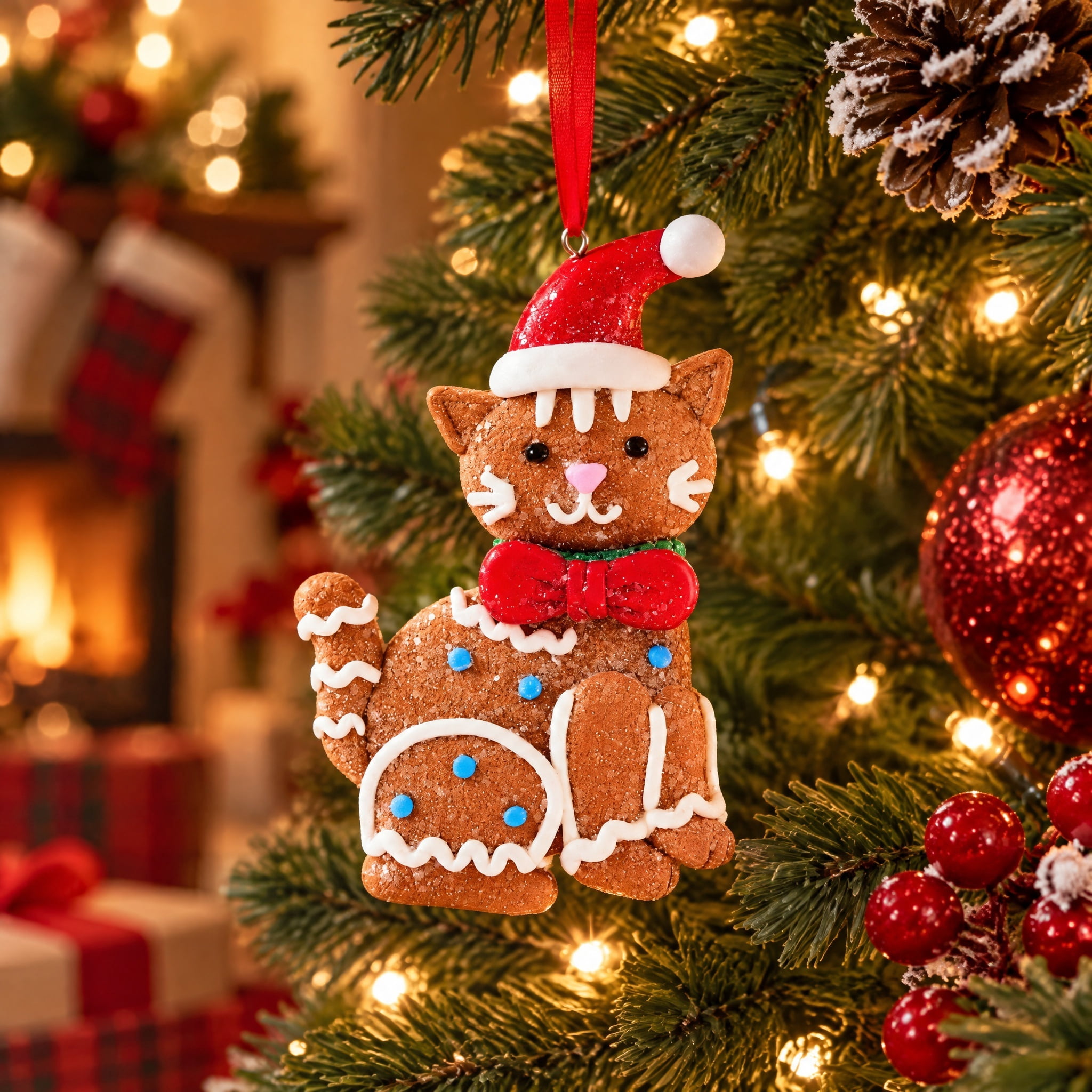 Multicolor Clay Dough Gingerbread Cat with Hat Christmas Ornament, 4.5", by Holiday Time