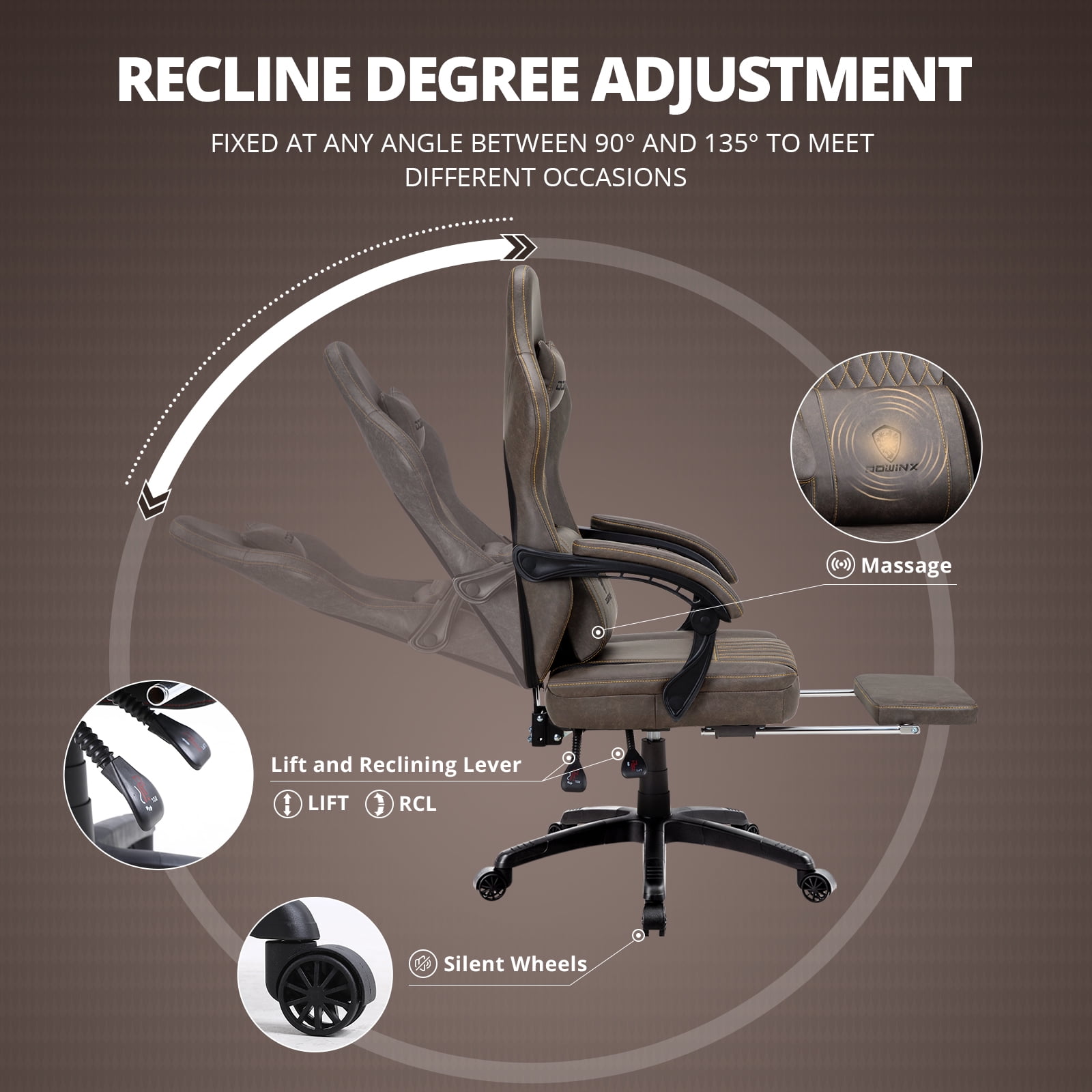 Dowinx Gaming Chair Breathable PU Leather Gamer Chair with Pocket Spring Cushion, Ergonomic Computer Chair with Massage Lumbar Support,Adjustable Swivel Task Chair with Footrest(Brown)