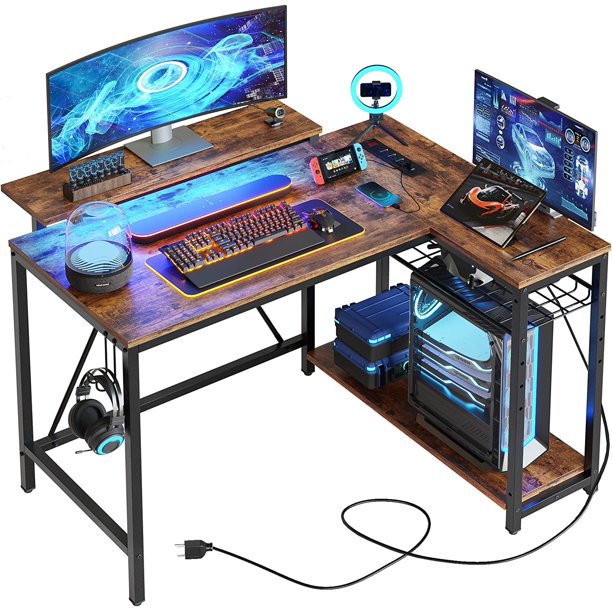 Small L Shaped Desk with Charging Port & LED Strip, Modern Computer