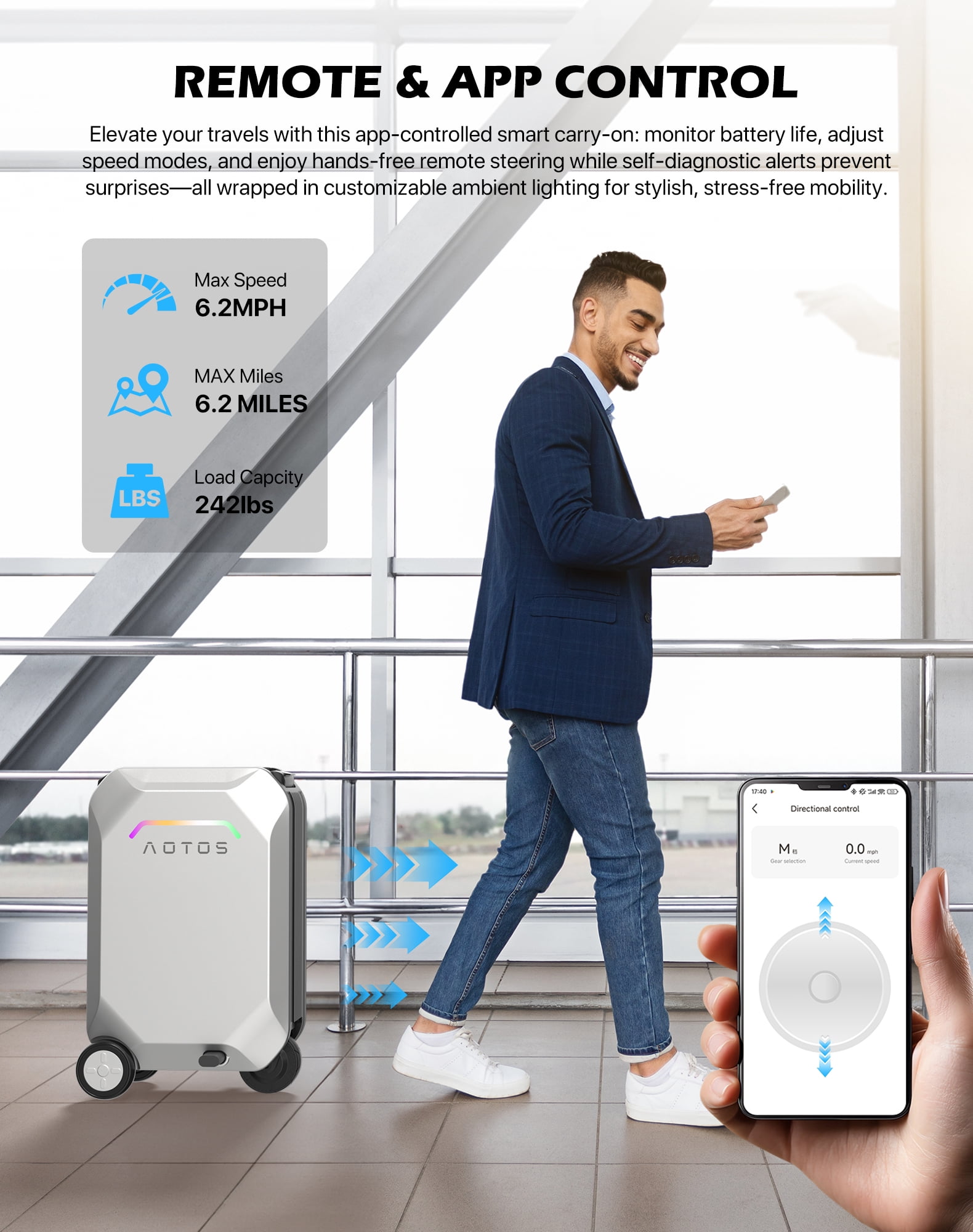 AOTOS Smart Rideable Carry-On Luggage, 22 Inch TSA-Approved Hardshell Cabin Suitcase, Zipperless Design with Rolling Wheels & App Control for Travel, Silver