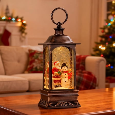 Santa & Snowman Christmas Snow Globe Lantern - Musical With Swirling Glitter | Battery Powered Indoor Home Decor