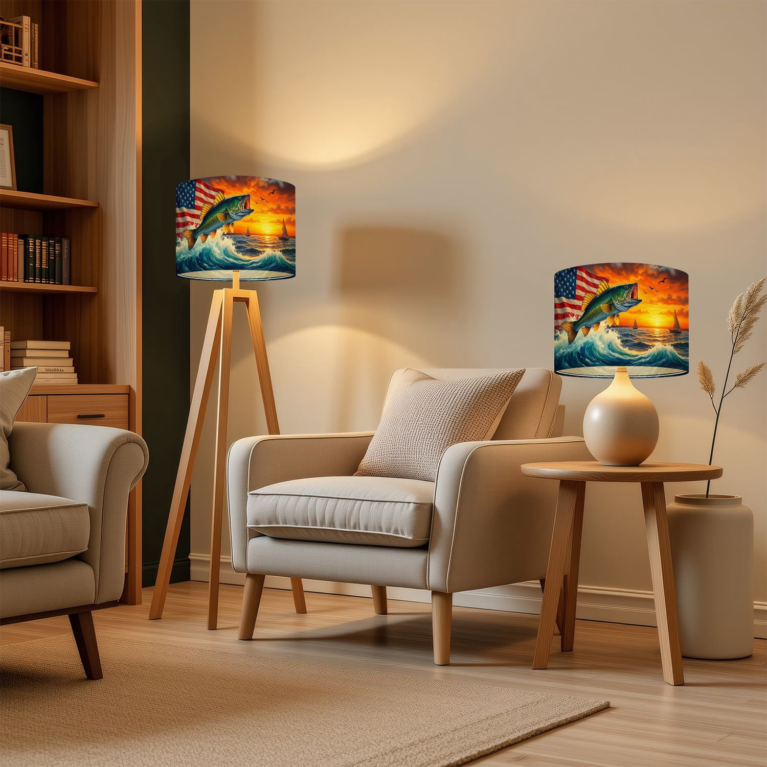 Lamp Shades Set of 2 Bass Fish Jumping American Flag Sunset Independence Day 13" x 13" x 10" Lampshade for Table Lamps Floor Lamps Lamp Shade Replacement Easy Assembly Required