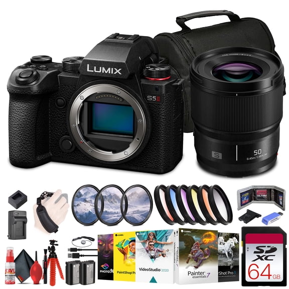 Panasonic Lumix S5 II Mirrorless Camera (DC-S5M2BODY)   Panasonic Lumix S 50mm Lens   64GB Memory Card   Filter Kit   Color Filter Kit   Corel Photo Software   DMW-BLK22 Battery   Bag   More