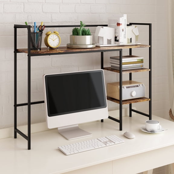 LENLN Desk Shelf 38.2" Desktop Organizer Shelf 4 Tier Desk Display Rack Desk Hutch for Computer Monitor Wood Desktop Bookshelf Storage Rack for Home Office Dorm