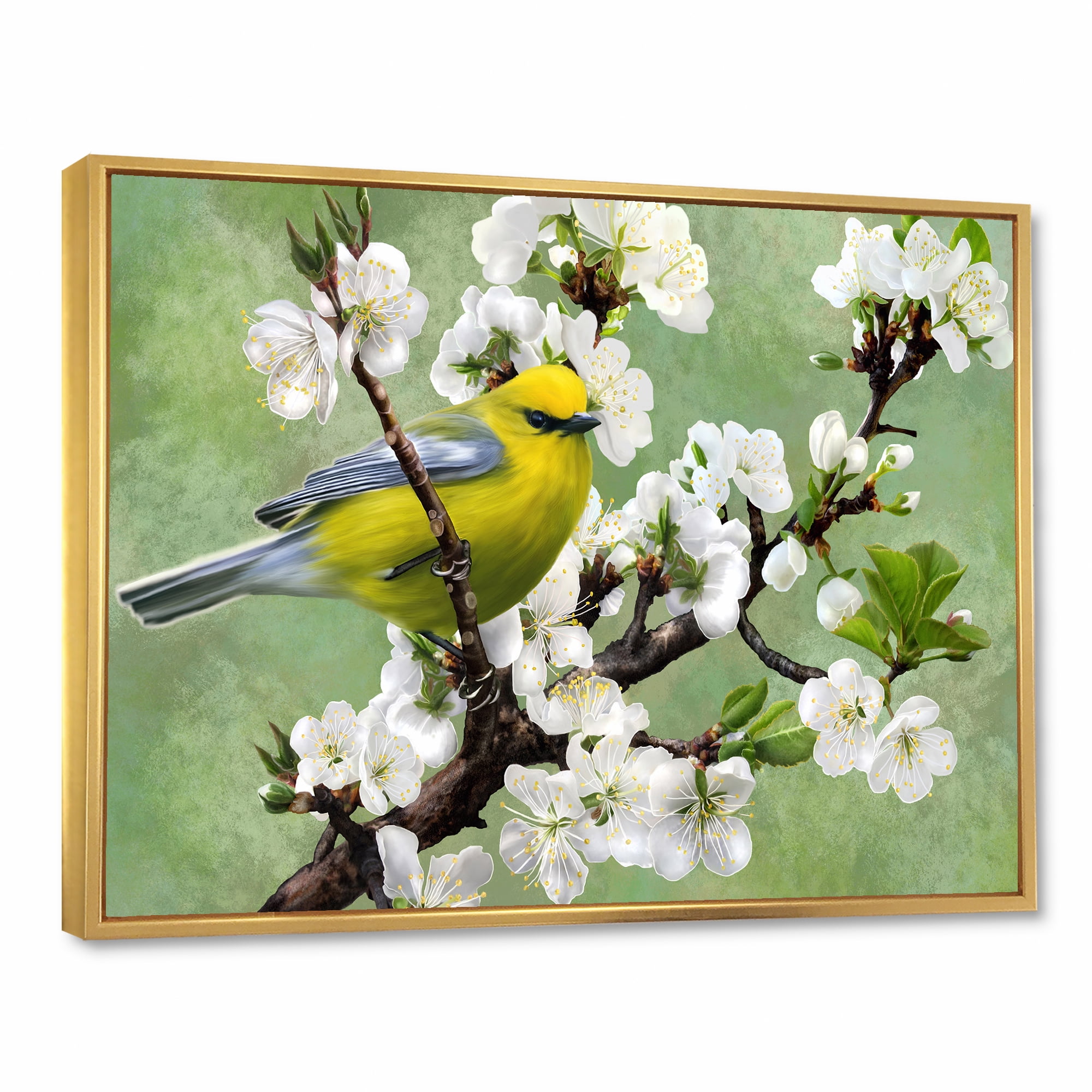 Designart 'Bird Sitting On A Branch of Cherry' Traditional Framed Canvas Wall Art Print