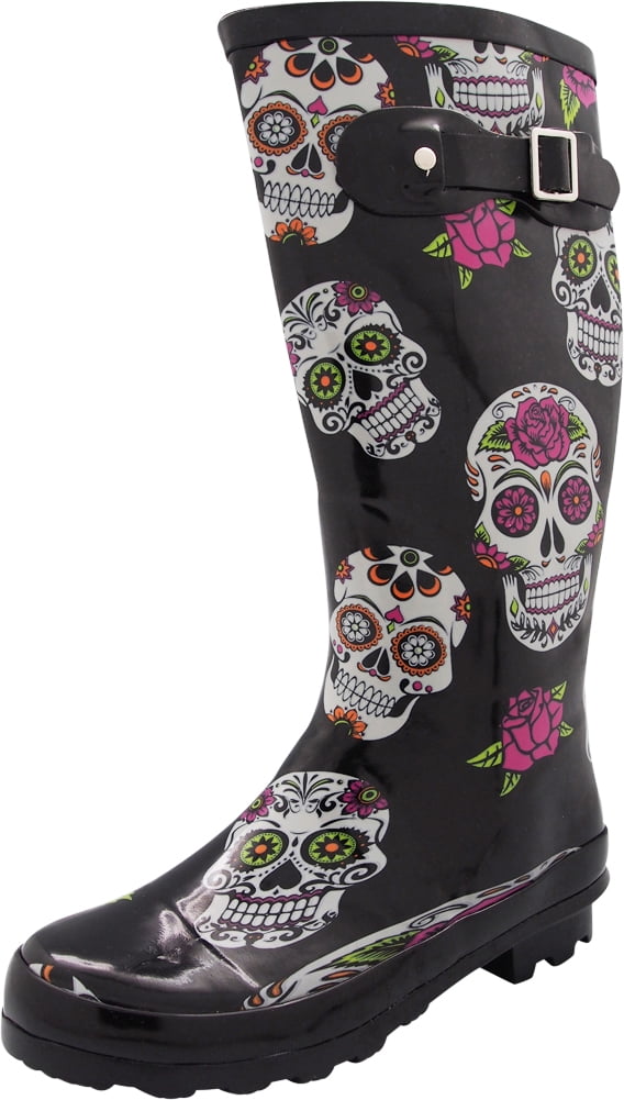 Womens Fashion Rain Wellies Skull & Roses Print Rubber Wellingtons Casual Boots