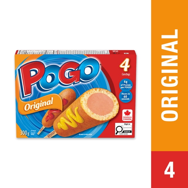 POGO® Original Corn Dogs, Cooked Battered Wiener on a Stick, Frozen Box, 4 Count (300 g), Prepared in Canada, Source of Protein, Source of Iron, Ready in 60 Seconds, 300g