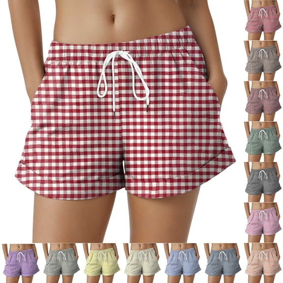 felwors Women's Gingham Print Rolled Cuff Drawstring Shorts Elastic Waist Lightweight Summer Casual Shorts with Pockets (Red, L)