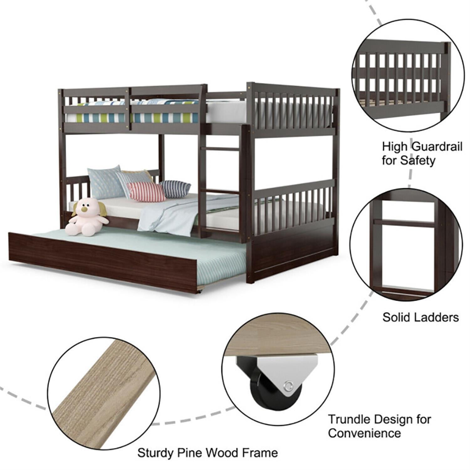 Demi Bonn Bunk Beds Full over Full with Ladder in the Steps and a Full Trundle, Bunk Bed Platform Twin Over Twin, Brown