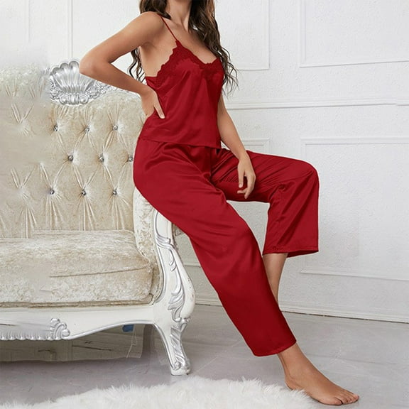 BONIXOOM Christmas Pajamas For Family Silk Pajamas For Women Sleepwear Belt Sleeveless Solid Sleep Pants Red M