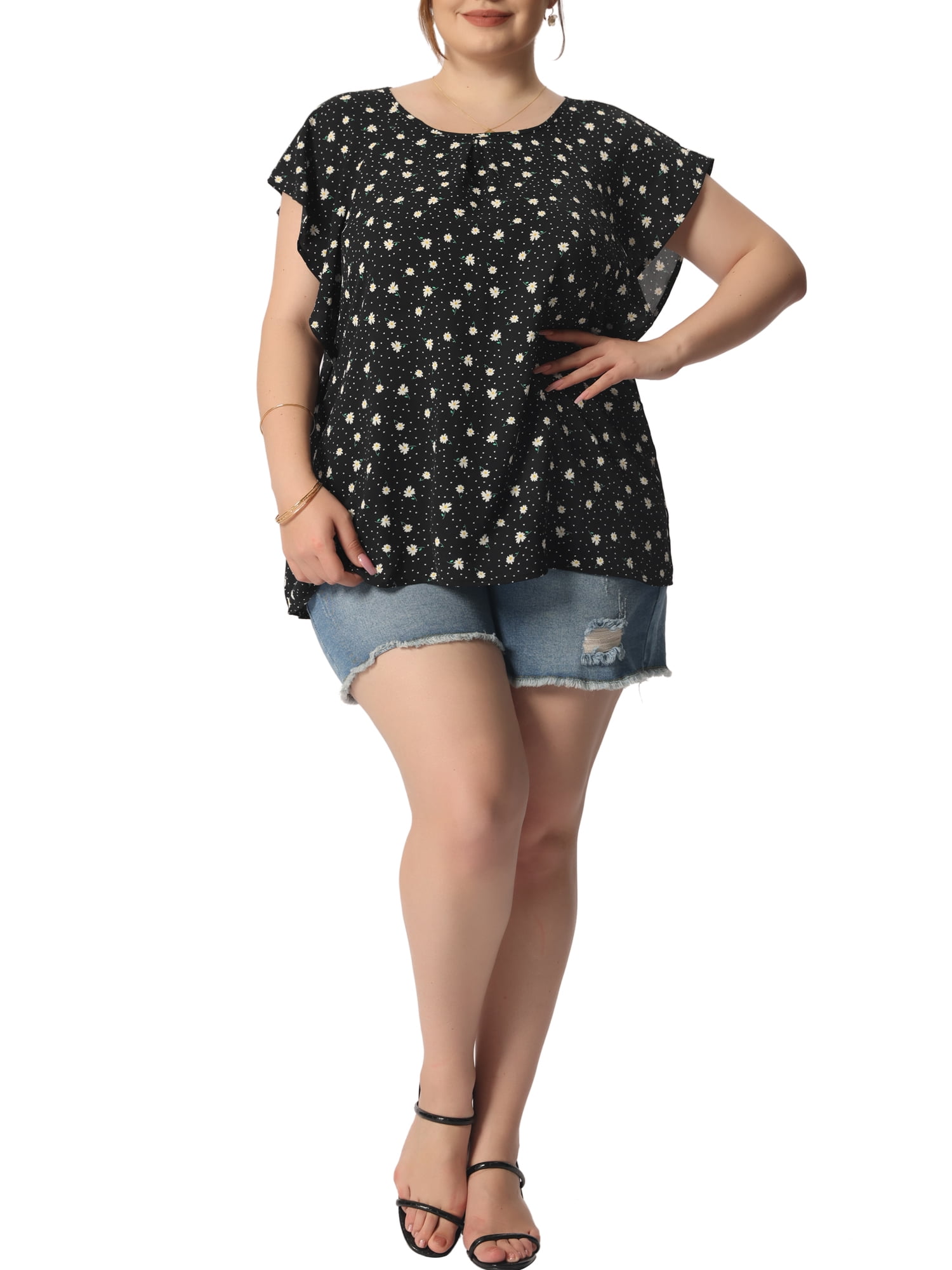 Unique Bargains Women's Plus Size Outfits Flare Short Sleeve Polka Dots Chiffon Blouse