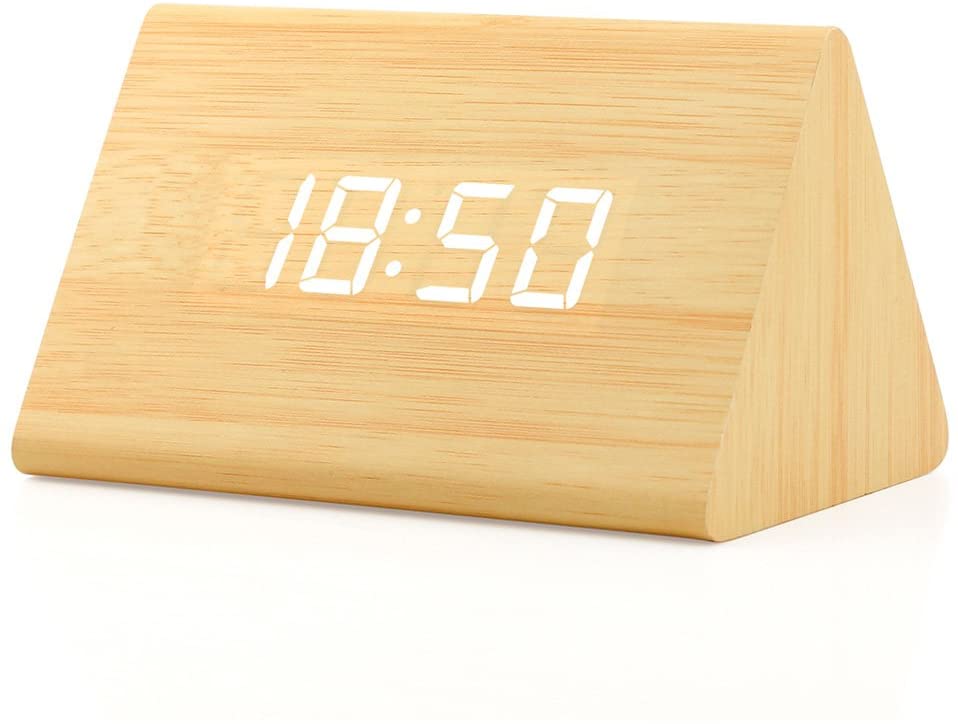 Digital Alarm Clock with Wooden Electronic LED Time Display, 3 Alarm