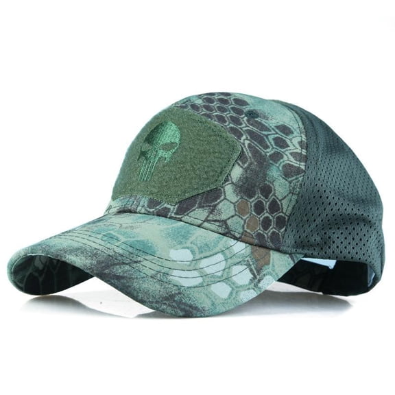 Tactical Camo Baseball Cap for Men, Breathable Mesh Back Adjustable Outdoor Hunting Hat, Green Military Style Trucker Cap