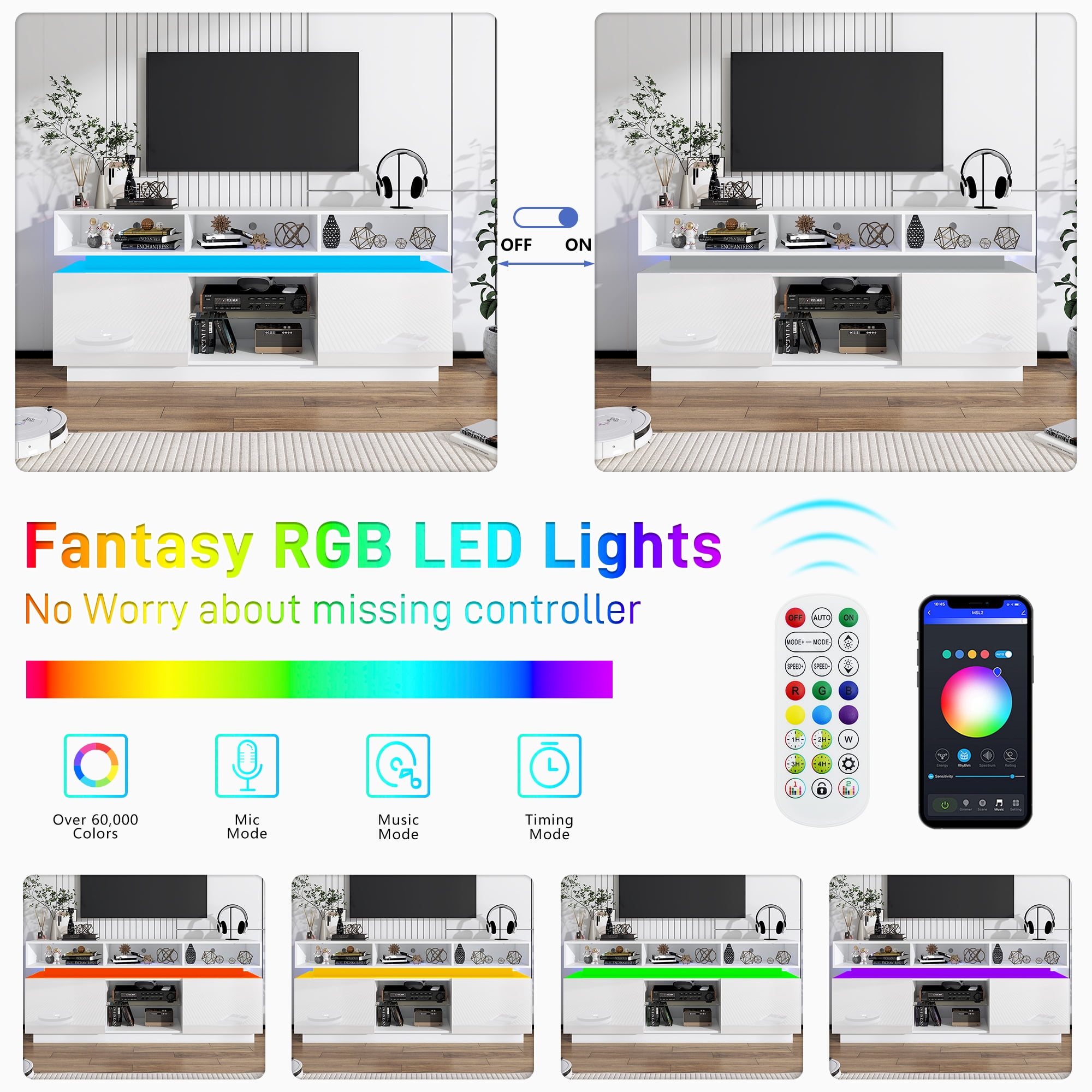 ChVans LED TV Stand for up to 70" TVs with Power Outlet, Modern Tall Entertainment Center with Storage, High Gloss Gaming TV Media Console with 2 Storage Cabinets for Living Room, Bed Room