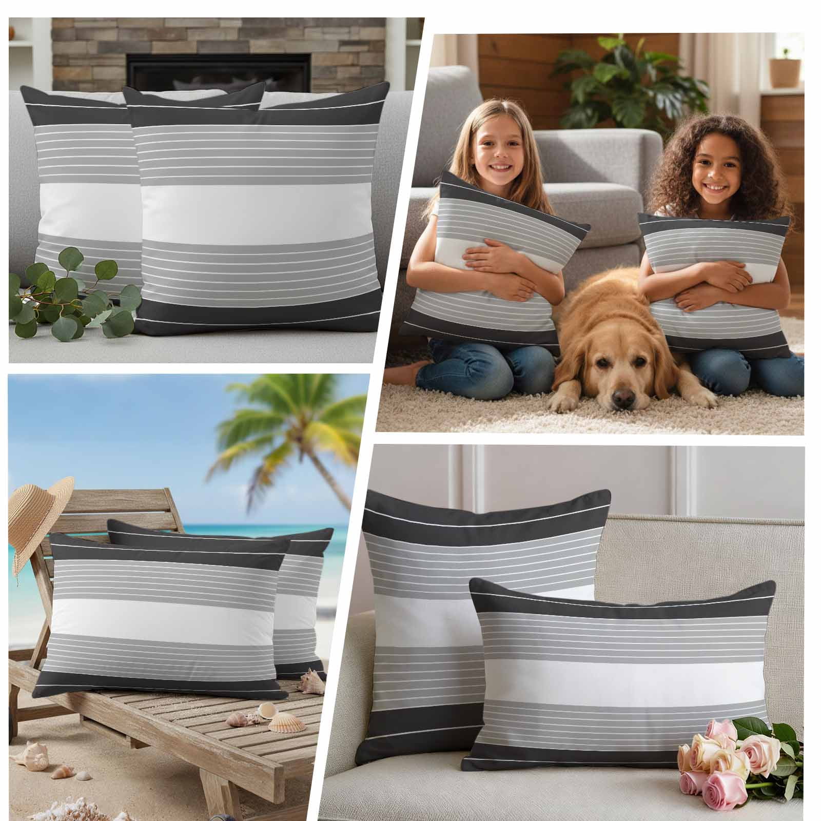 Black Grey Stripe Outdoor Waterproof Pillow Covers, Modern Art Horizontal Striped Decorative Square Throw Pillowcase Sofa Cushion Sham for Patio/Couch/Chair, 18"x18" 2 Pack