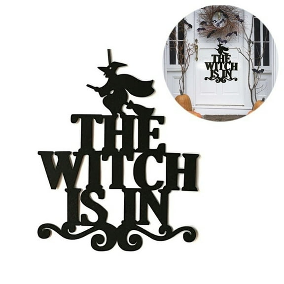 JikouIivo The Witch Is In Halloween Hanging Sign Door Hanging Halloween Decoration A Under $2 Clearance Size 15x12.48x0.11in Black