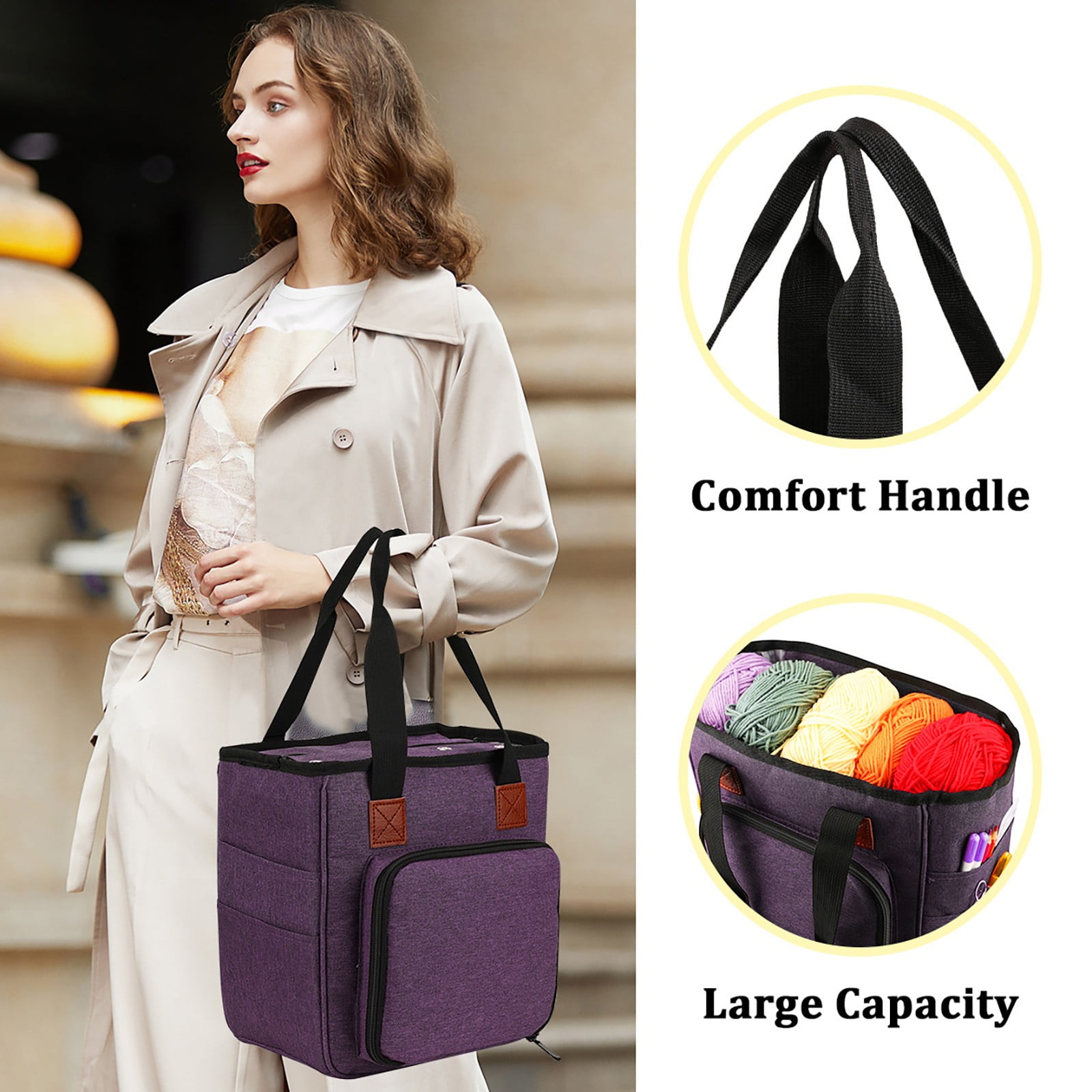 Knitting Project Bag Cozival Multi-Compartment Knitting Project Bag with Needle Organizer - Portable Storage for Yarn, Crochet Hooks, and Accessories, Perfect for Crafters on The Go, Purple