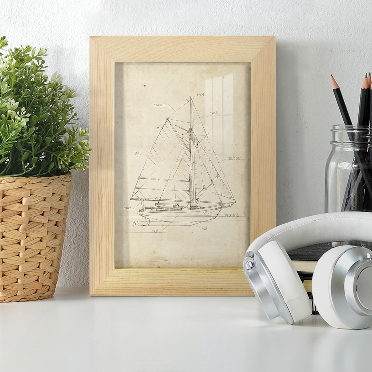 Sailboat Blueprint III -Framed Print w/glass-Natural Wood