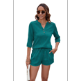 thumbnail image 3 of Conjunto de Camiseta Holgada de Corta con Cuello en V y Pantalones Cortos con Bolsillo para Mujer, Color Liso, Azul Pavo Real, XXL, 3 of 6