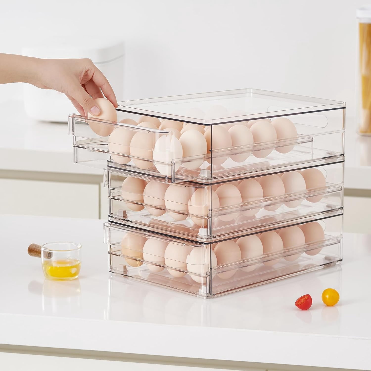 Egg Holder for Refrigerator, 48 Capacity Clear Egg Storage Drawer with Non-Slip Pads, Stackable BPA-Free Egg Organizer Tray for Fridge