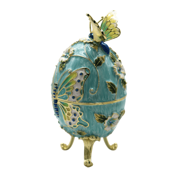 Metal Craft Enamel Ornament Light Blue Butteryfly Egg Easter Egg Jewelry Box Home Decoration Bithday Gift Trinket Box For Home Decor Necklace Rings Earrings Organizer