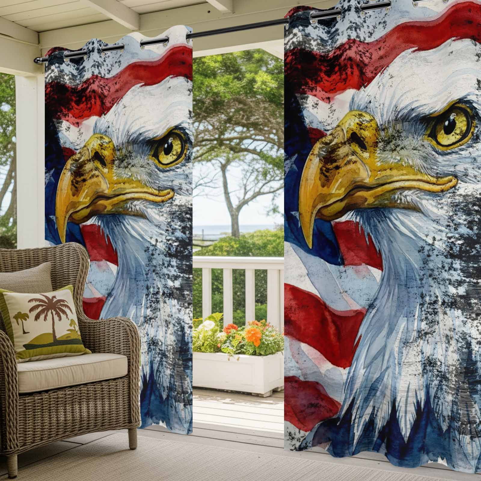 Independence Day Outdoor Curtains for Patio, Vintage American Flag Star Spangled Eagle Art Country Sunshade Privacy Drapes Grommet Waterproof Outside Curtains for Porch Balcony 54"x108", 1 Panel