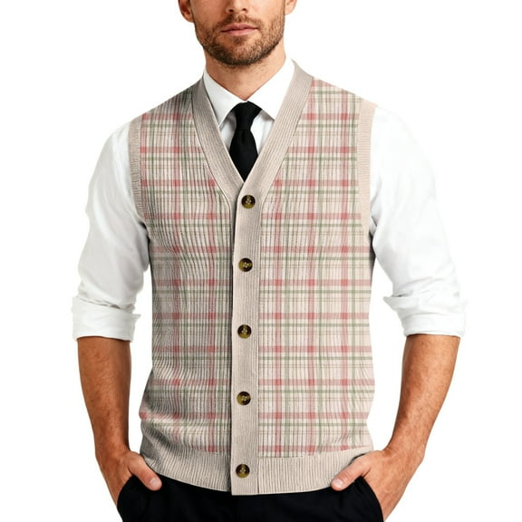 Resicozy Mens Plaid Sweater Vests V-Neck Sleeveless Fashion Casual Cardigan Vest Fall Winter Tank Top Light pink XL