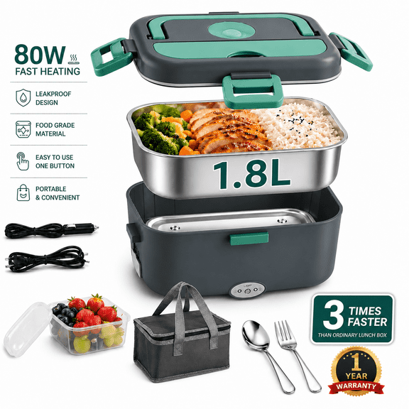 DCUTIE Electric-Lunch-Box-Heated-Food-Warmer 80W Heating Lunchbox for Adults 1.8L Portable Food Heater for Work/Car, 12V/24V/110-240V Portable Electric with Fork Spoon (black Green)