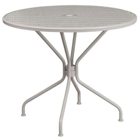 35" Round Light Gray Metal Patio Table with Umbrella Hole For Indoor or Outdoor Use.