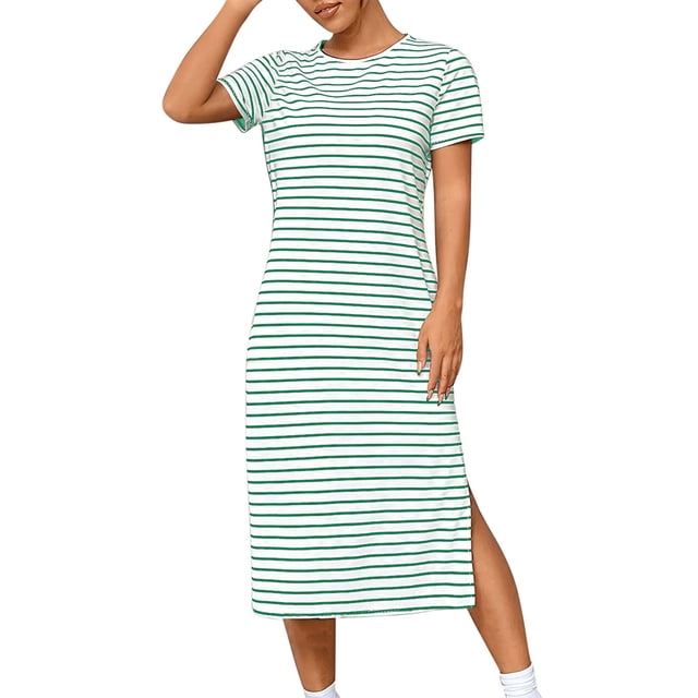 Staron Robe Rayée pour Femmes Fluide Vacances Manches Courtes Col Rond Été Robes d'Été Rayées Fente Latérale Ample Décontractée Plage Robe T-Shirt