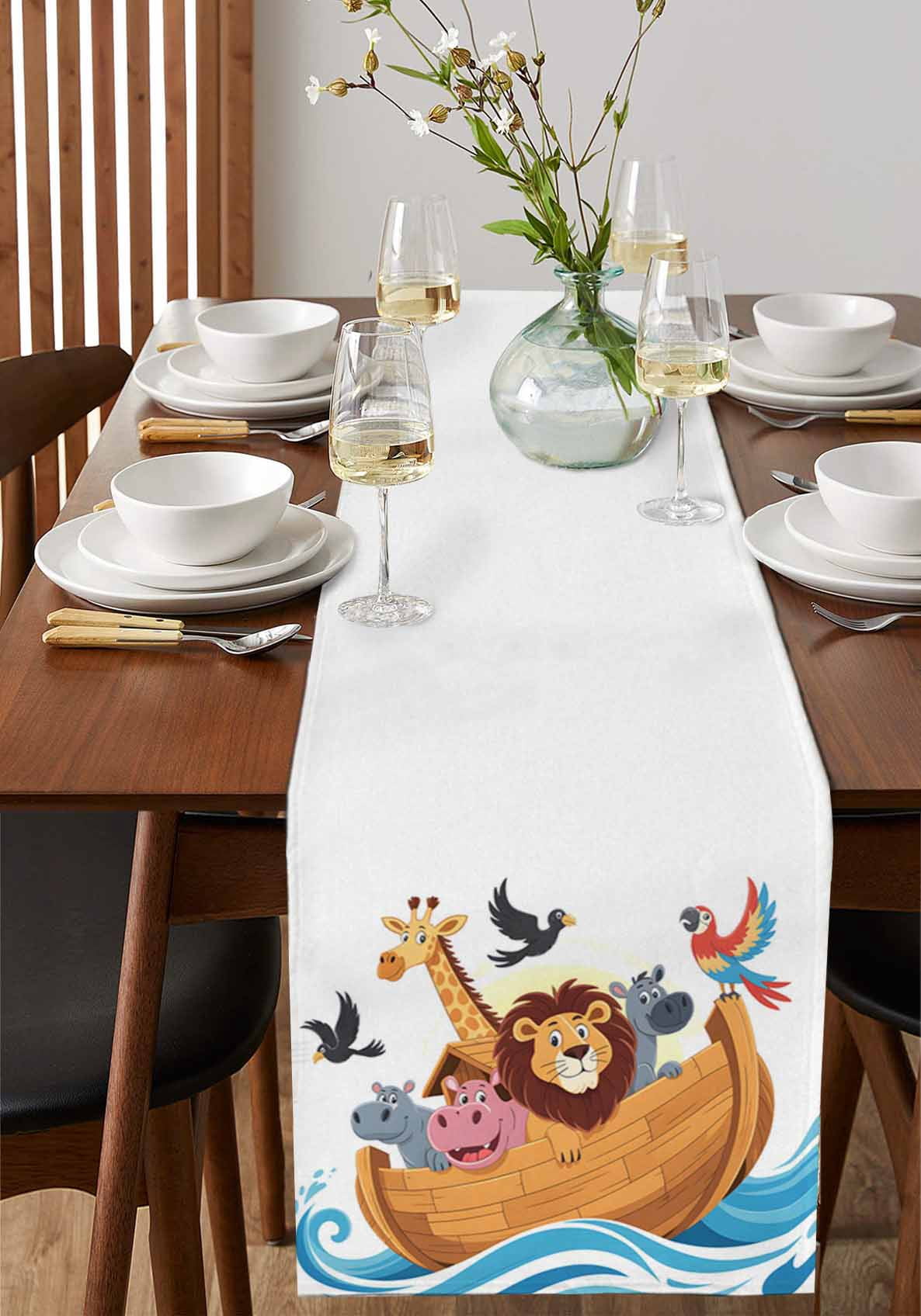 Animals Nautical Burlap Cotton Table Runner 16x72 Inches Long, Cartoon Cute Zoo Boat Aboard Farmhouse Table Runners, Outdoor Dining Tablecloths Decor for Baby Shower/Party/Wedding