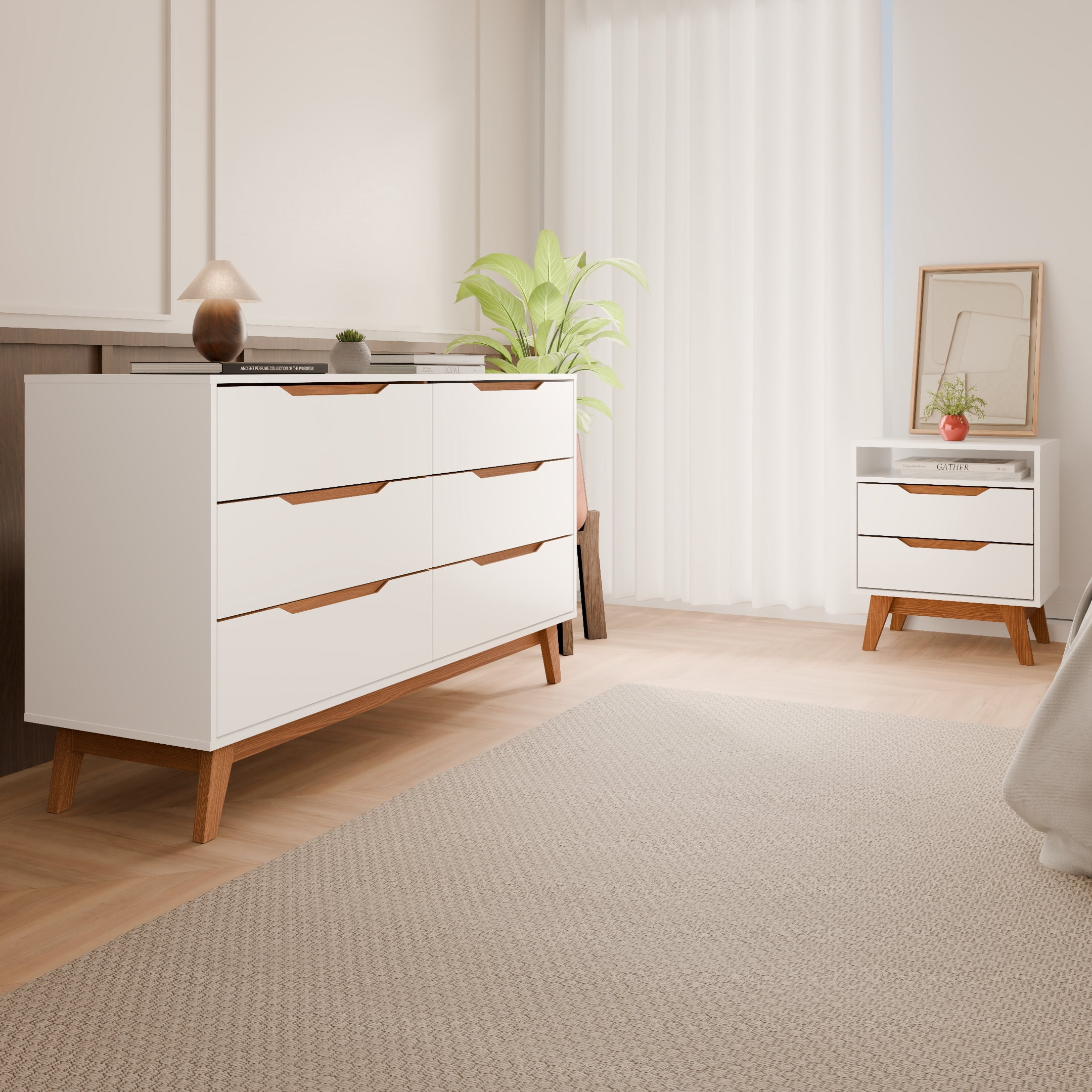 Kappesberg Bedroom Furniture Set with 6-Drawer Dresser and 2-Drawer Nightstand White – Modern Storage Combo