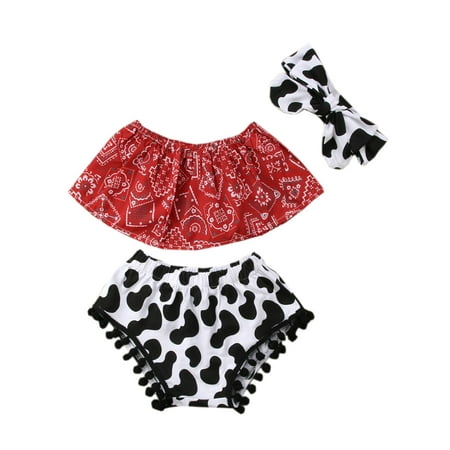Baby Girls Cowgirl Red Bandana Top with Pom Pom Trim Bloomers and Headband 3pcs Outfit (90/12-18 Months)